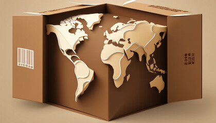 Brown cardboard parcel box flies over the world map, online delivery service.