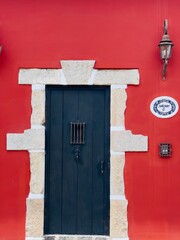 old red door with a door, wooden door
