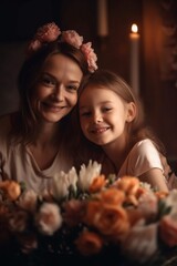 Obraz na płótnie Canvas Portrait mother with daughter in living room holding a flower AI Generative