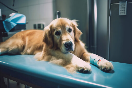 Dog with injured leg and bandage in vet clinic. Generative AI illustration