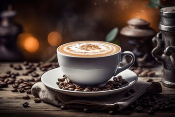 A cup of cappuccino with coffee beans on the table AI Generative