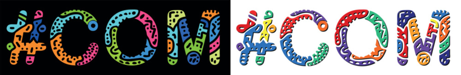 COM Hashtag. Multicolored bright isolate curves doodle letters. Trendy popular Hashtag #COM for print, booklet, banner, flyer. Stock vector.