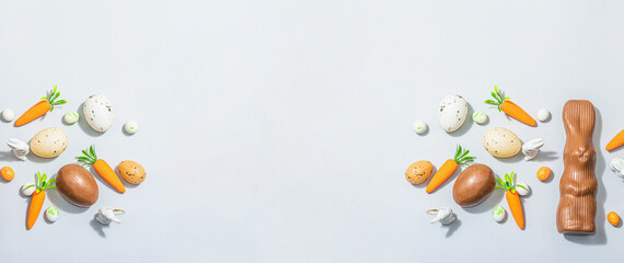 Easter background with eggs, rabbits, carrots. Festive spring composition with traditional symbols