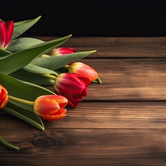 Bouquet of tulips on a dark wooden background. Copy space. Generative AI