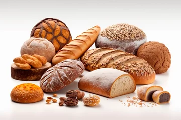 Fotobehang Bakery and bread. Different types of non sweet bakery and bread, such as whole grain bread and ciabatta, are shown alone on a white backdrop. Generative AI. © Сергей Кураженко
