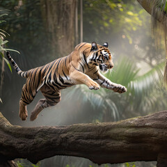 Fototapeta na wymiar Bengal Tiger Jumping Through Jungle Trees, Crafted with AI
