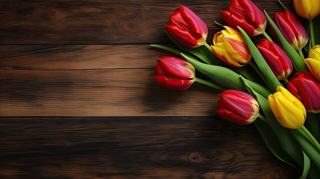 Bouquet of red and yellow tulips on a wooden background. Generative AI