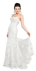 Fototapeta na wymiar Beautiful brunette bride in white wedding dress on white background