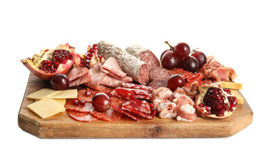 Wooden board with assortment of tasty deli meats isolated on white background