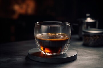 a glass of coffee on wooden board