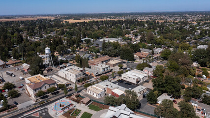 Fototapeta na wymiar Afternoon aerial view of historic downtown Elk Grove, California, USA.