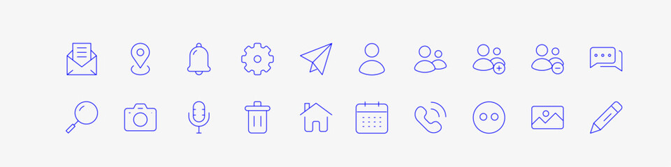 social media icons set out line, line art style icons, add, share, phone call, setting, notification, zoom, location, messages, remove, edit, photos