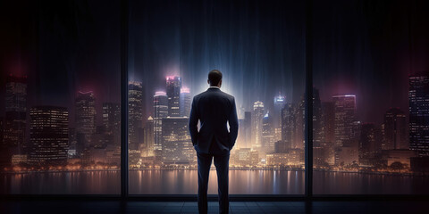 Business man standing in front of city. Created with Generative AI technology