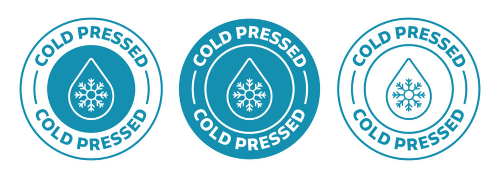 Cold pressed oil icon set in blue color. isolated high cold pressed juice stamp collection.