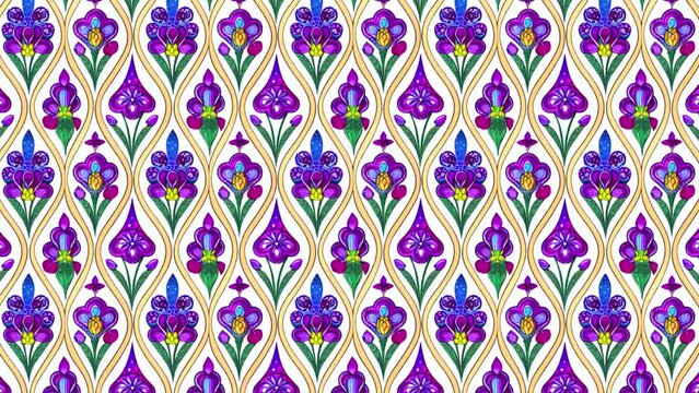 An abstract art nouveau scrolling floral pattern motion graphic background. Repeating pattern created using ai generations.