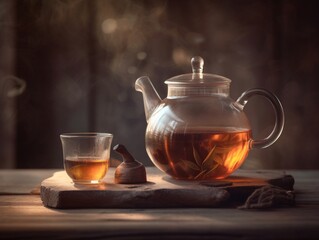 teapot and cup of tea on wooden table