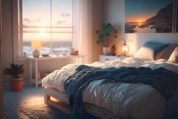 hotel room with bed created using AI Generative Technology