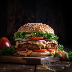 AI-generated illustration of a juicy, mouth-watering burger with melted cheese and toppings
