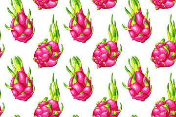 Seamless pattern with dragon fruits. Sweet pitaya background. Organic colorful pitahaya. Tropical food fabric