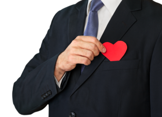 Businessman with red heart on left chest isolated on white background with clipping path.