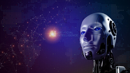 Robot with AI icon on virtual background provide access information. Artificial intelligence digital chat bot, machine learning, big data, cloud computing, computer network and innovation technology.