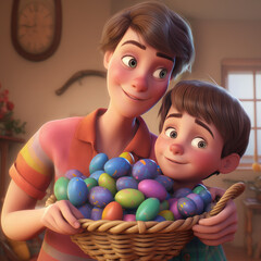 Fototapeta na wymiar A happy family. Mom and son are holding a basket full of Easter eggs. Pixar cartoon style. 2