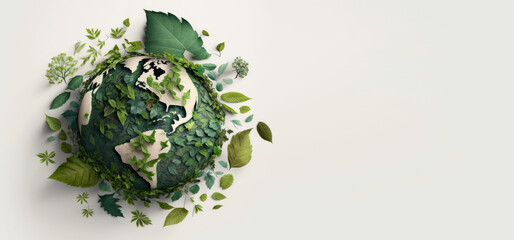 Leaves in forming an eco friendly earth shape, World environment day and Earth day. Generative AI