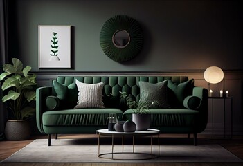 Home interior mock-up with green sofa, table and decor in living room, 3d render. Generative AI