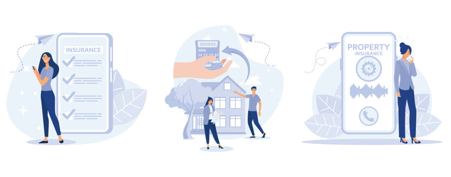 Insurance services concept, Buy travel insurance online, professional evaluator does real estate assessment, claiming property insurance coverage, set flat vector modern illustration