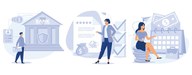 Financial services concept.  Bank account, credit rating, paycheck cash, card details, electronic savings deposit, salary statement. set flat vector modern illustration 
