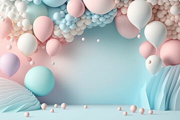Pink background with balloons abstract party in pastel colors - obrazy, fototapety, plakaty