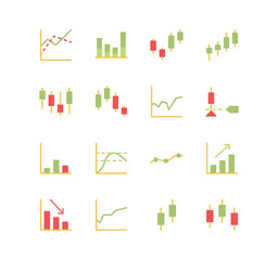 Set of finance and marketing icons, graph, market, statistic, chart, diagram, grid, bar, arrow and flat line variety symbols.	
