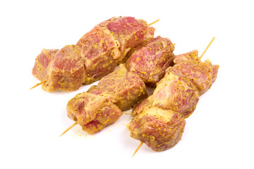 Pork kebab, ready to cook, BBQ, isolated on white background.