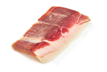 Traditional Spanish Jamon Serrano ham, Prosciutto Crudo, Parma ham, Italian antipasto, isolated on white background.