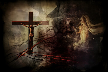 Jesus on the cross. Depict the significance of Holy Saturday using muted colors, subtle textures, and bold Christian symbols. Incorporate a cross, tomb, or crown of thorns.