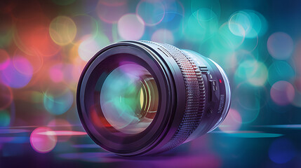 Fototapeta na wymiar Camera lens icon on blurred bokeh background. Unique generative illustration with creative design and modern touch.