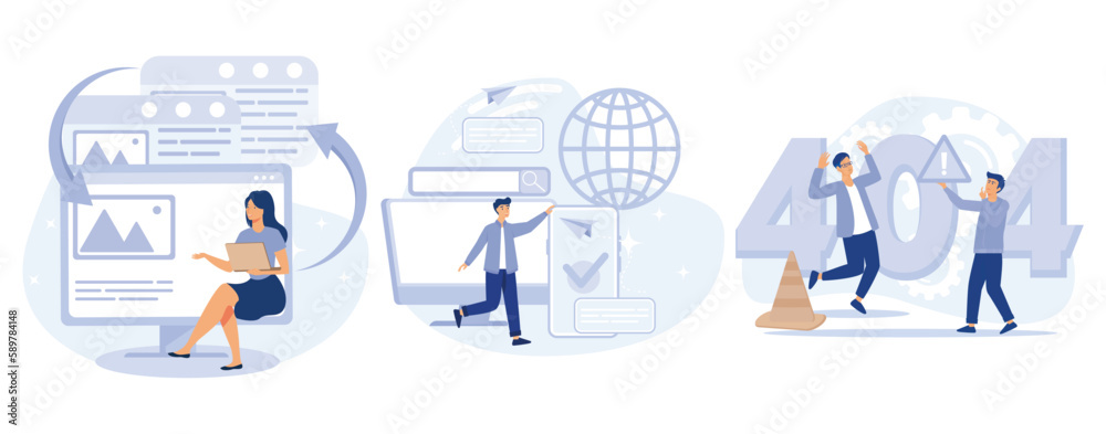 Poster web development concept. microsite interface, cross-browser compatibility, 404 error, programming, c