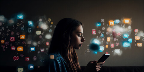 Social media addiction concept. Young woman surrounded by app icons. Generative AI,