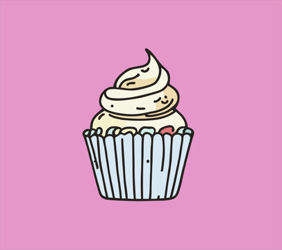 Hand drawn illustration of colorful cupcakes. Drawing of a cupcake for a shirt sticker poster logo