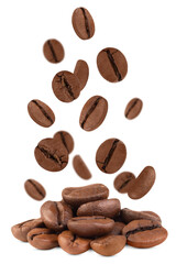 Levitation of coffee beans isolated on a transparent background.