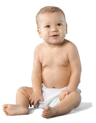 Cute Toddler in Diaper Sitting on The Floor - Isolated