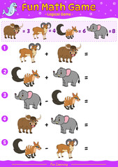 Fun Math Game logical game with cartoon Yak, urial, elephant and Numbat.