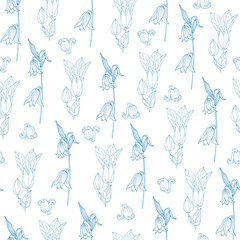 Hand-drawn seamless pattern with blue buds and flowers on white background. Floral design for fabric, templates, wallpaper, cards.