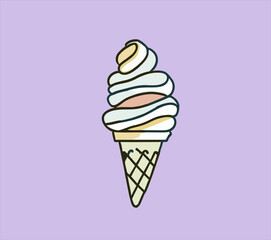 hand drawn colorful ice cream, isolated on purple background. Sketch, vector illustration.
