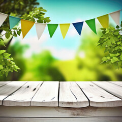 Summer background with empty wooden table, green leaves and bunting, Generative AI