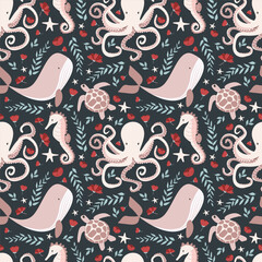 Inhabitants of the ocean whale, turtle, octopus, seahorse. Vector illustration, seamless pattern