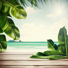 Summer background with green tropical palm leaves and sea, Generative AI