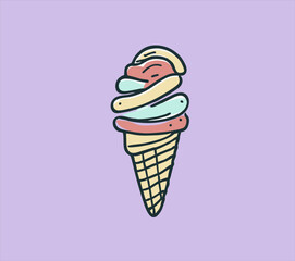 hand drawn colorful ice cream, isolated on purple background. Sketch, vector illustration.