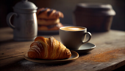 Croissant with coffee cup on dark background. Al generated