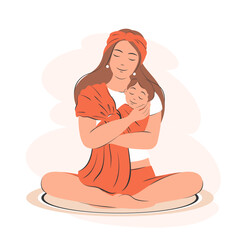 Woman holding newborn baby. Baby child in sling feeling love and protection from his mother. Family, health, care, maternity concept, Happy Mother's Day.  Flat vector illustration.